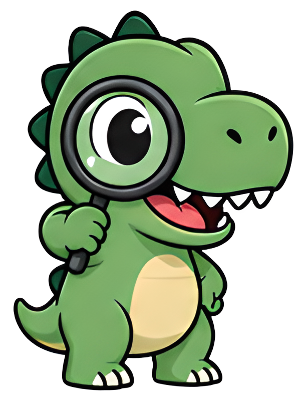 A cartoon T-Rex with a magnifying glass